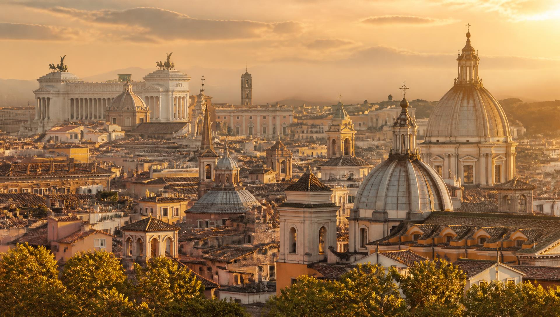 Rome rooftops and domes at golden hour
